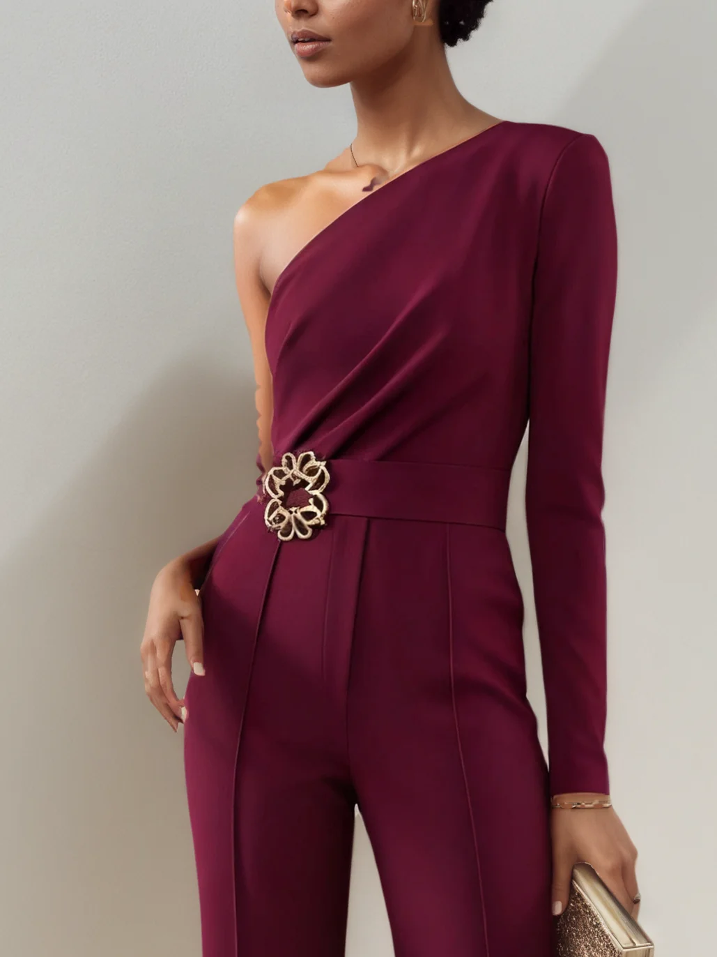 Women Burgundy Buckle Ruched One Shoulder Long Sleeve Dressy Jumpsuit
