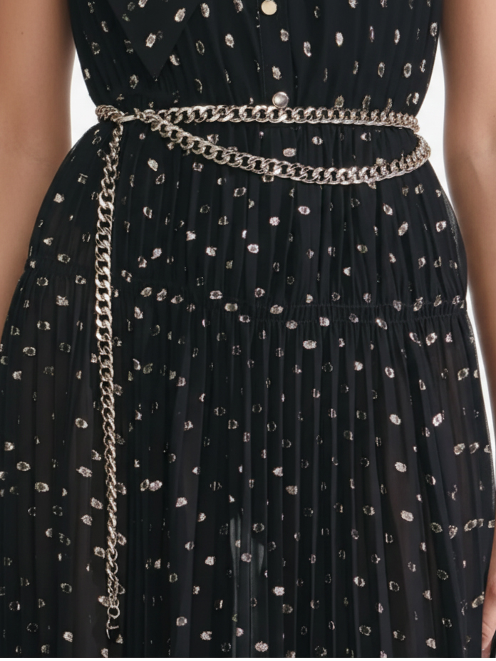 Black Stamped Bronzing Ruched Tulle One Shoulder Sleeveless A-Line Maxi Dress
