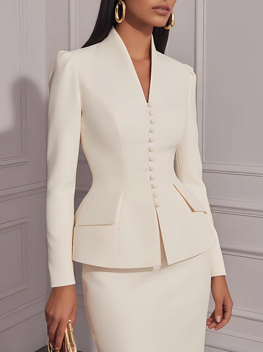 Women White Buckle V Neck Long Sleeve Dressy Coat With Skirt Two-Piece Set