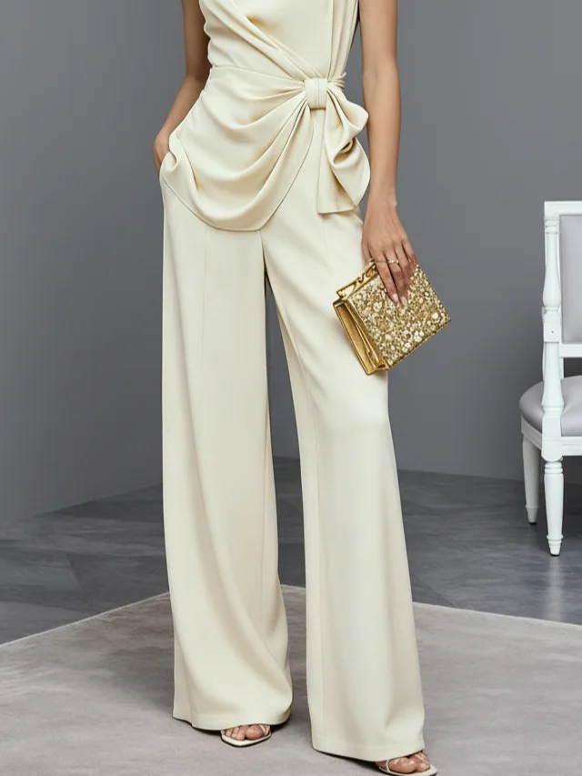 Women Beige Bow Ruched Crew Neck Sleeveless Dressy Jumpsuit