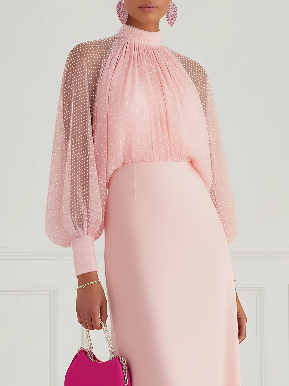 Pink Mesh Hot Drilling Satin Mock Neck Long Sleeve Balloon Sleeve Sheath Maxi Dress