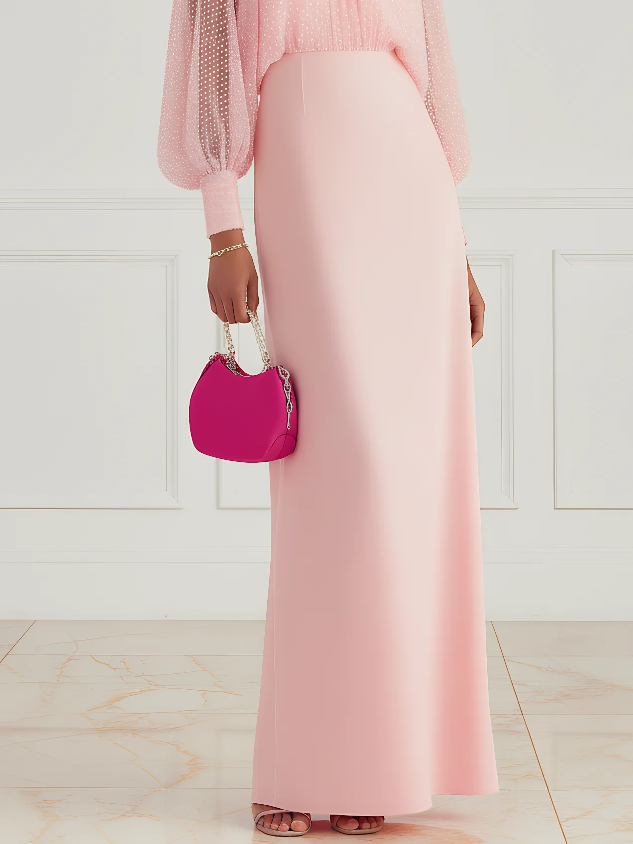 Pink Mesh Hot Drilling Satin Mock Neck Long Sleeve Balloon Sleeve Sheath Maxi Dress