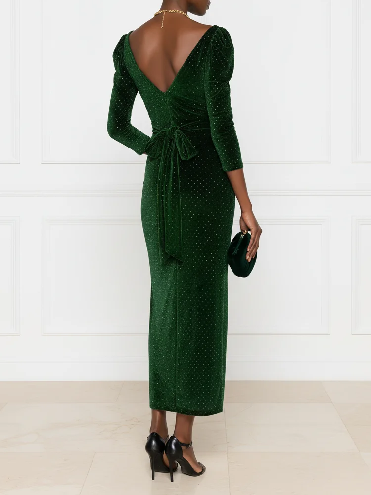 Green Hot Drilling Velvet V Neck Three Quarter Sleeve Gigot Sleeve Sheath Maxi Dress