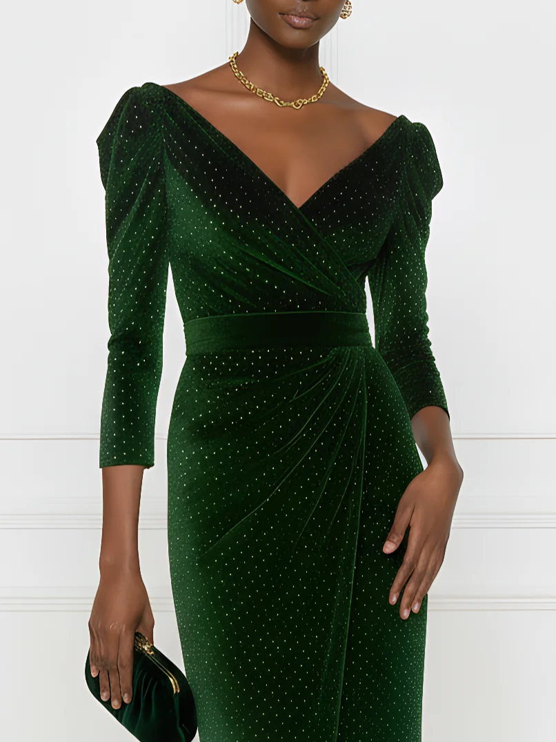 Green Hot Drilling Velvet V Neck Three Quarter Sleeve Gigot Sleeve Sheath Maxi Dress