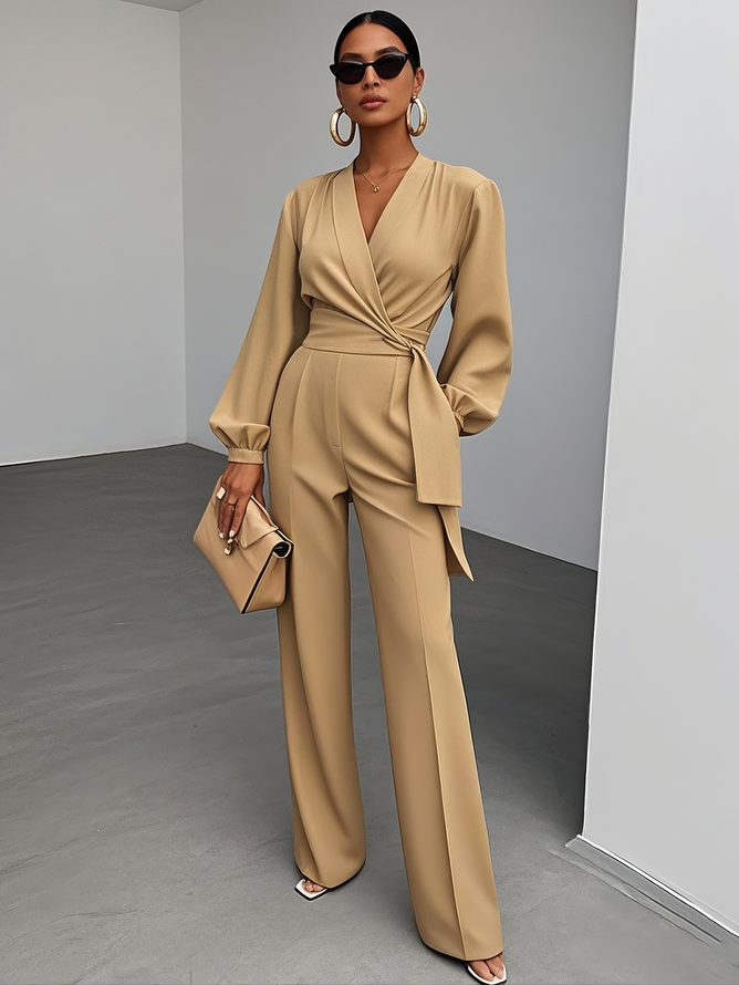 Women Khaki Knot Front V Neck Long Sleeve Balloon Sleeve Dressy Jumpsuit