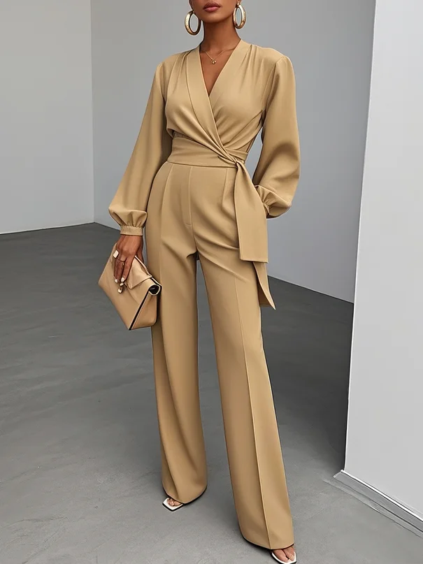 Women Khaki Knot Front V Neck Long Sleeve Balloon Sleeve Dressy Jumpsuit