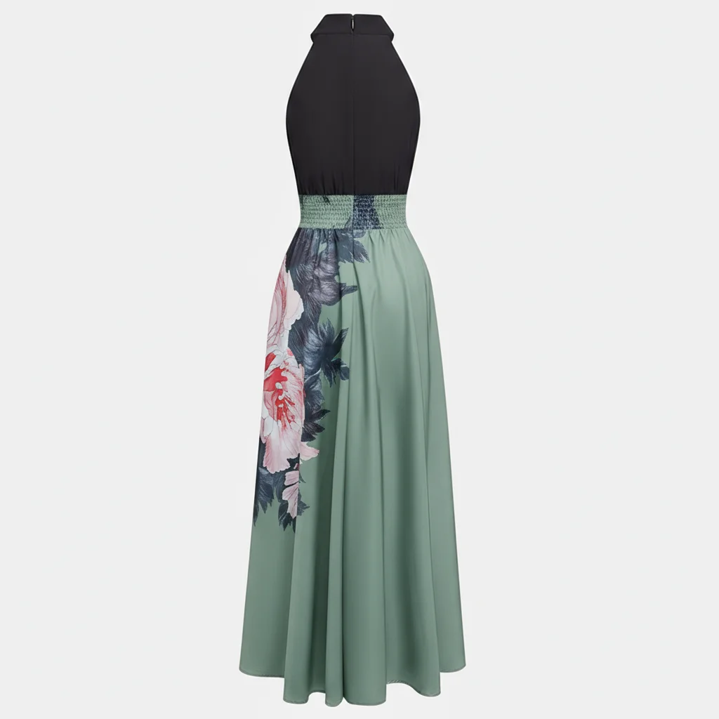 Black Slit Floral Satin Halter Sleeveless A-Line Maxi Dress With Pockets