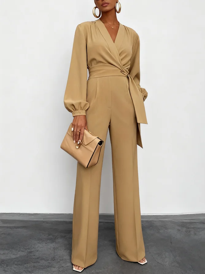Women Khaki Knot Front V Neck Long Sleeve Balloon Sleeve Dressy Jumpsuit