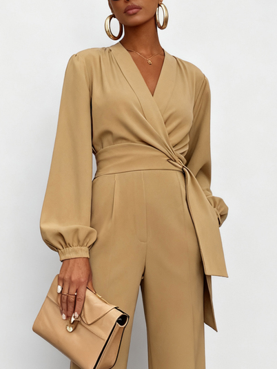 Women Khaki Knot Front V Neck Long Sleeve Balloon Sleeve Dressy Jumpsuit