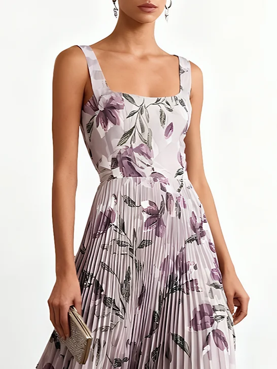 Purple Pleated Floral Chiffon Square Neck Sleeveless A-Line Maxi Dress