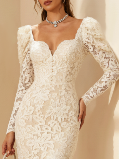 Off White Lace Sweetheart Neckline Long Sleeve Sheath Midi Dress