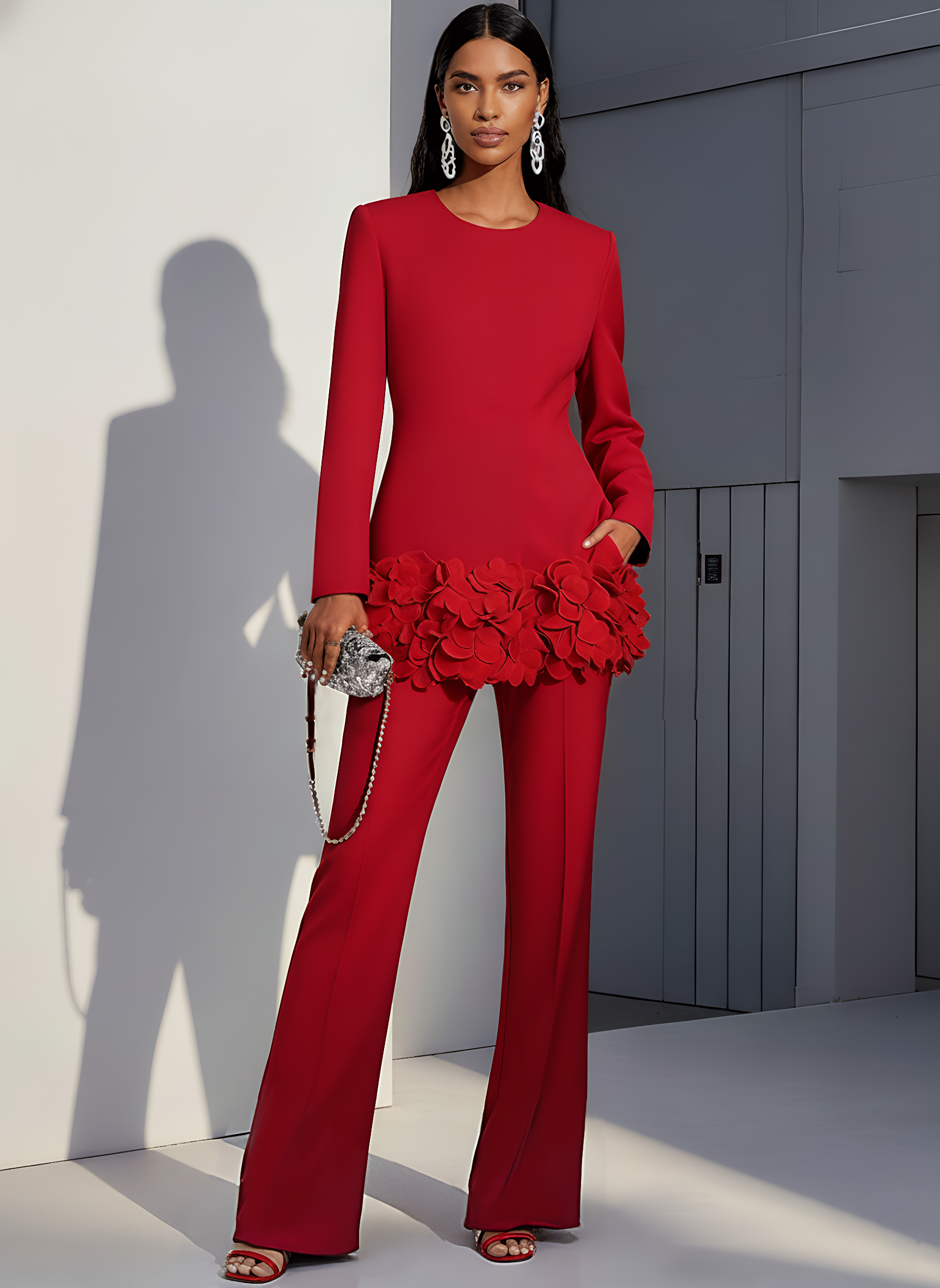 Women Red 3D Floral Crew Neck Long Sleeve Dressy Top With Pants Two-Piece Set