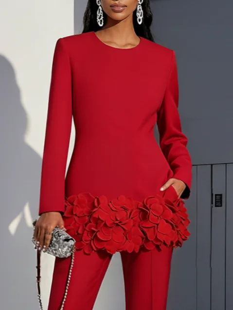 Women Red 3D Floral Crew Neck Long Sleeve Dressy Top With Pants Two-Piece Set