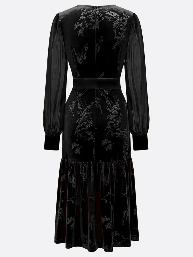 Black Velvet And Mesh Long Sleeve Mermaid Prom Dresses