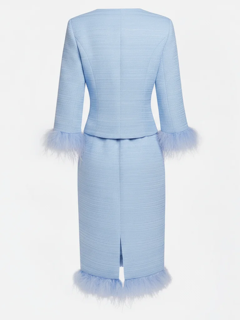 Women Tweed Rose Red Feather-trimmed Buckle Crew Neck Three Quarter Sleeve Dressy Coat With Skirt Two-Piece Set