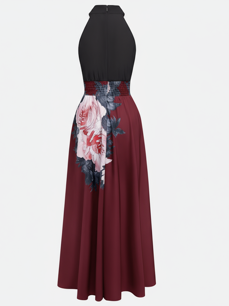 Black Slit Floral Satin Halter Sleeveless A-Line Maxi Dress With Pockets