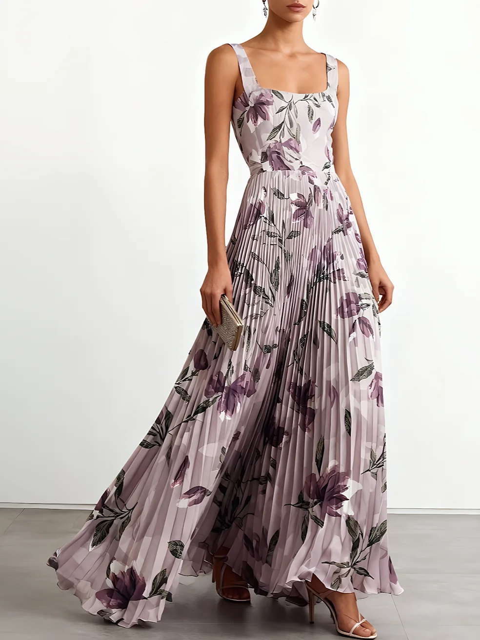Purple Pleated Floral Chiffon Square Neck Sleeveless A-Line Maxi Dress