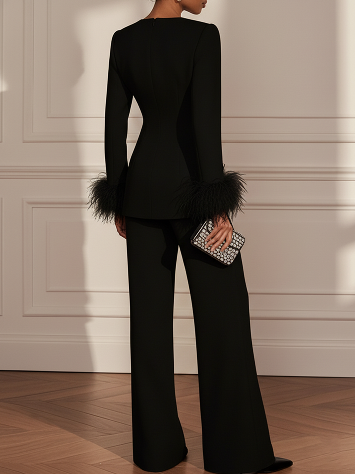 Women Black Feather-trimmed Crew Neck Long Sleeve Dressy Top With Pants Two-Piece Set