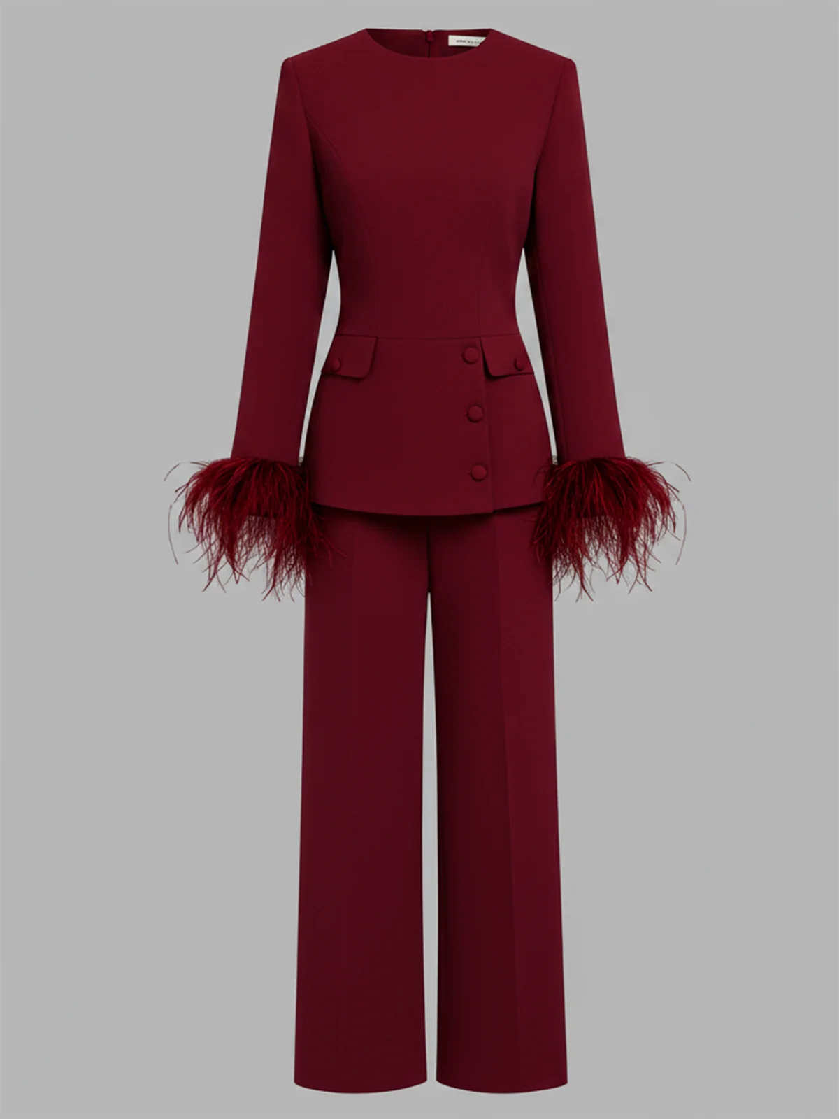Women Burgundy Buckle Feather-trimmed Crew Neck Long Sleeve Dressy Top With Pants Two-Piece Set
