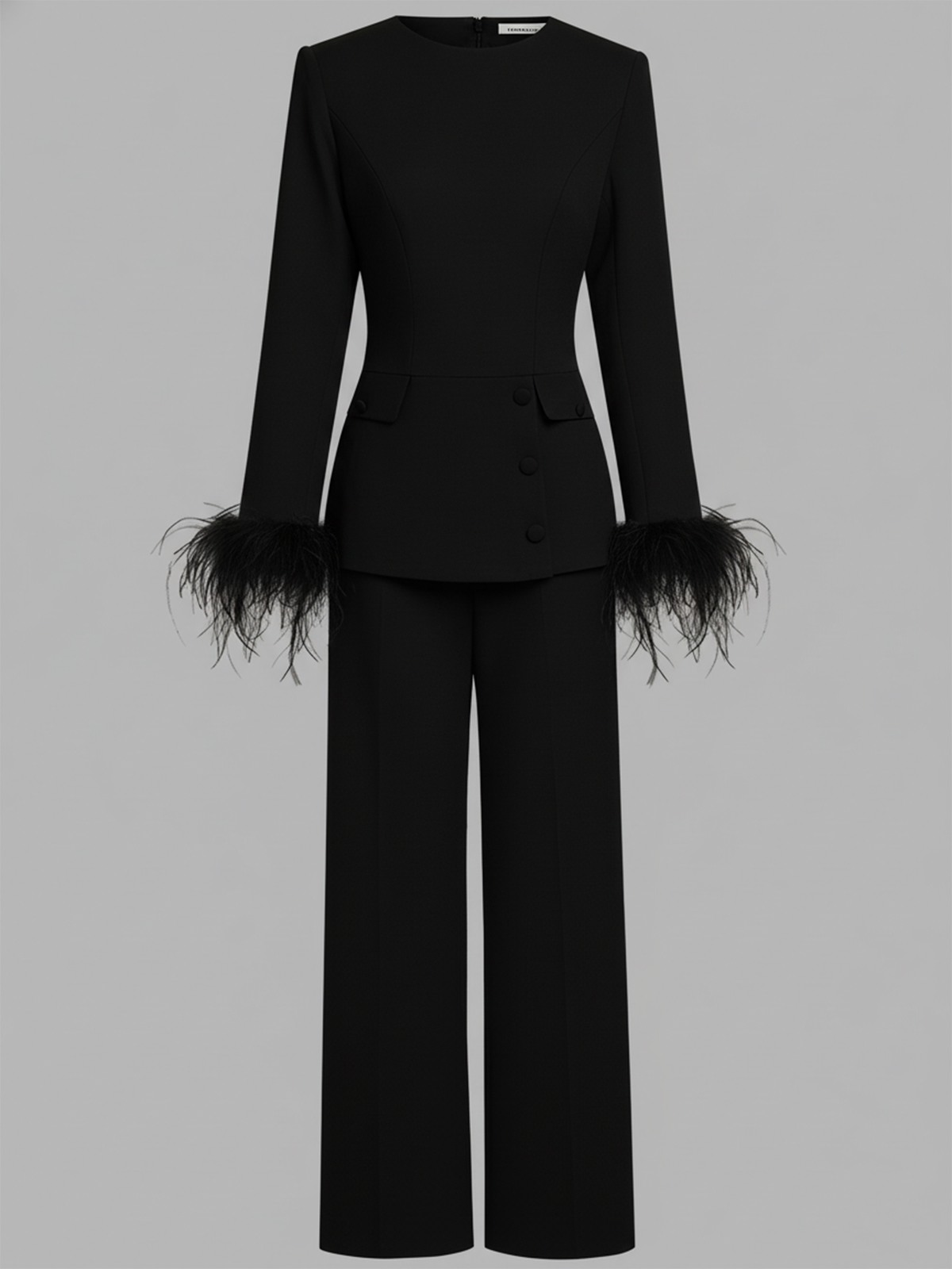 Women Black Feather-trimmed Crew Neck Long Sleeve Dressy Top With Pants Two-Piece Set