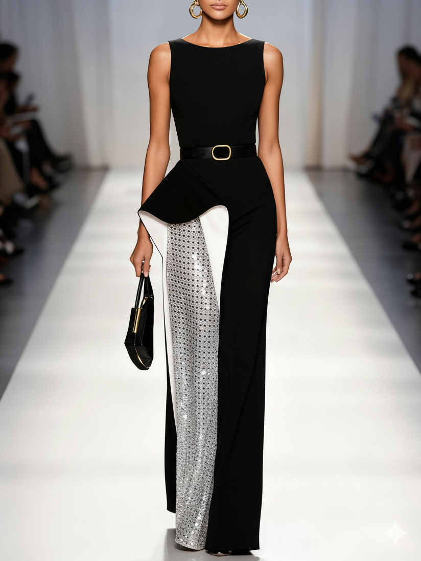 Black Glitter Split Joint Classic Crew Neck Sleeveless Sheath Maxi Dress