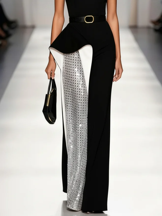 Black Glitter Split Joint Classic Crew Neck Sleeveless Sheath Maxi Dress