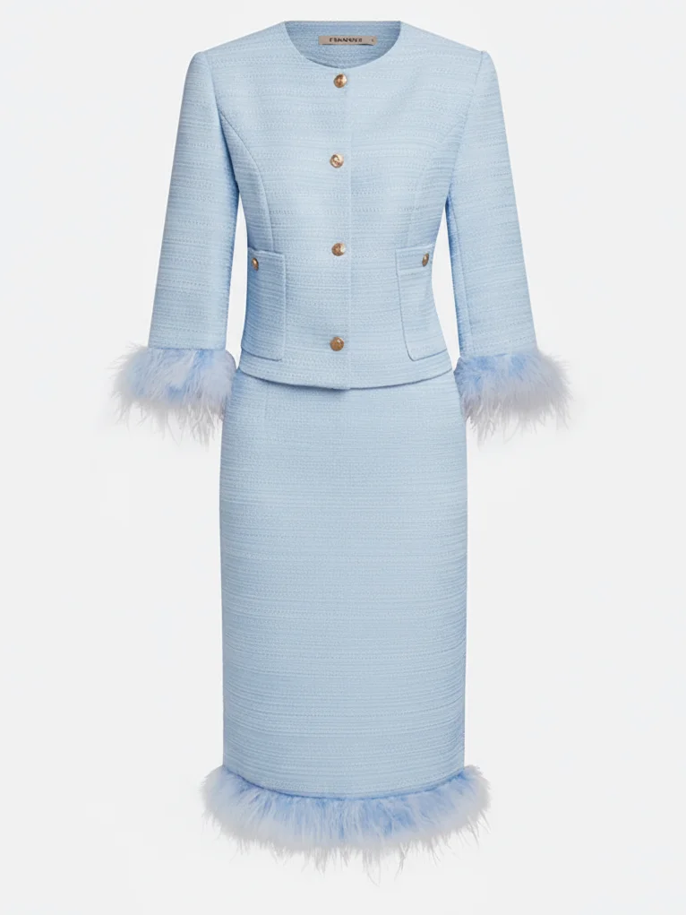 Women Tweed Rose Red Feather-trimmed Buckle Crew Neck Three Quarter Sleeve Dressy Coat With Skirt Two-Piece Set