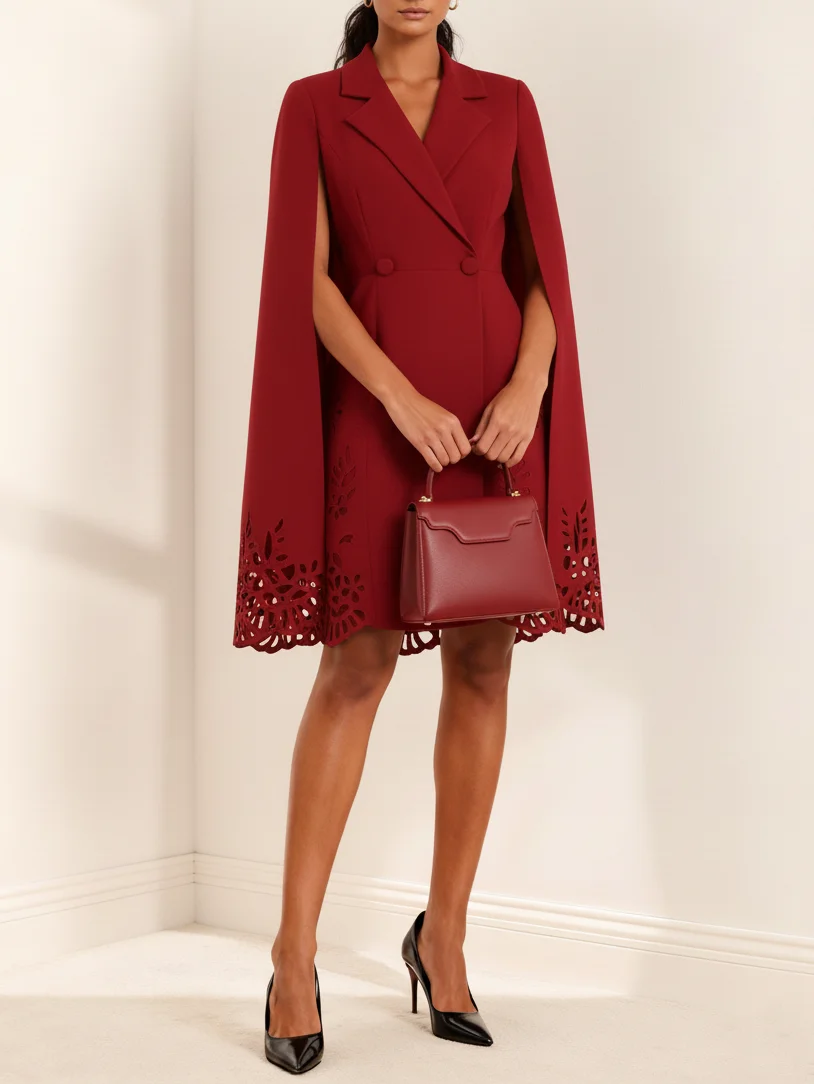 Burgundy Devore Blazer Lapel Collar Long Sleeve H-Line Midi Dress