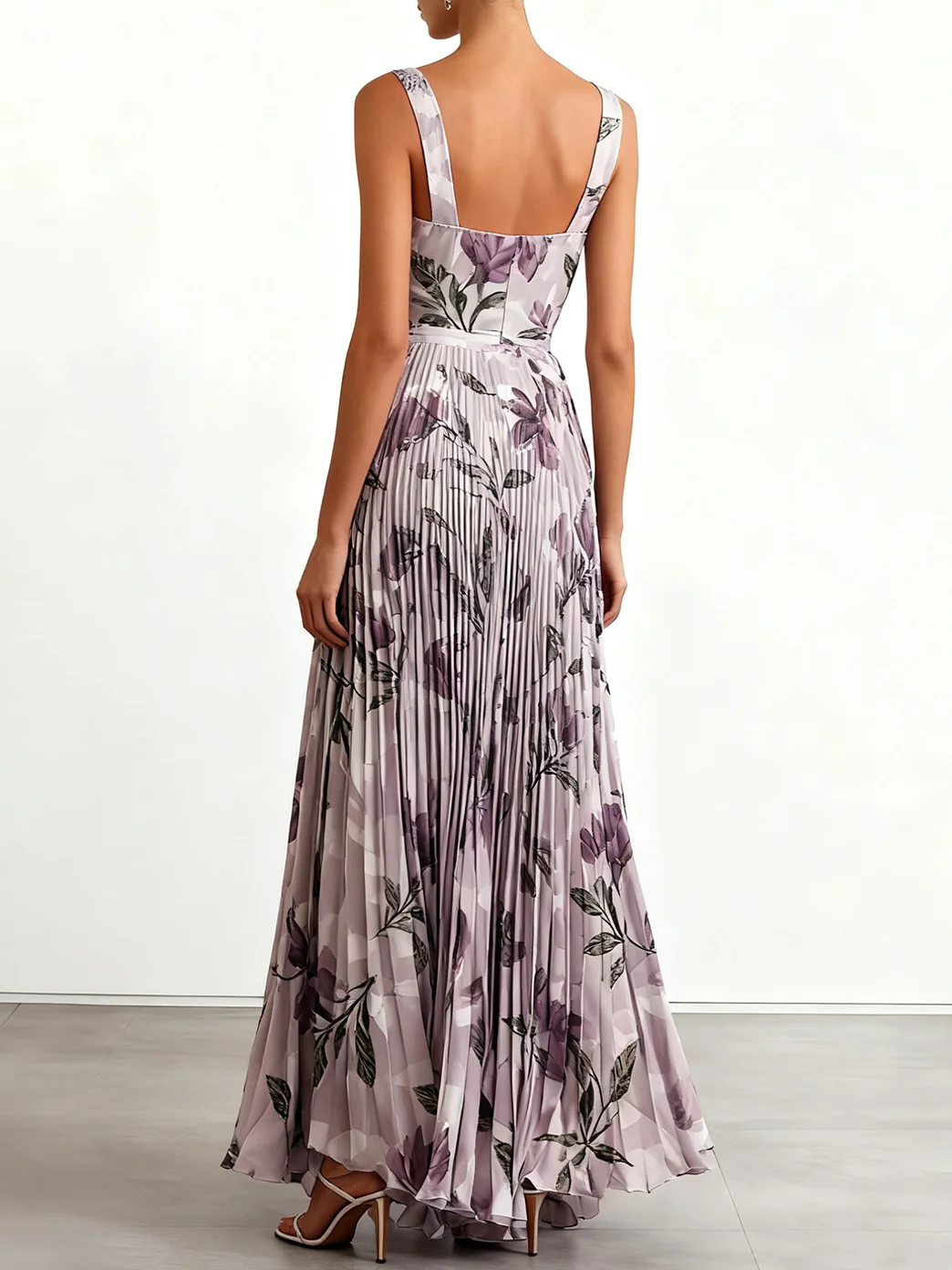 Purple Pleated Floral Chiffon Square Neck Sleeveless A-Line Maxi Dress