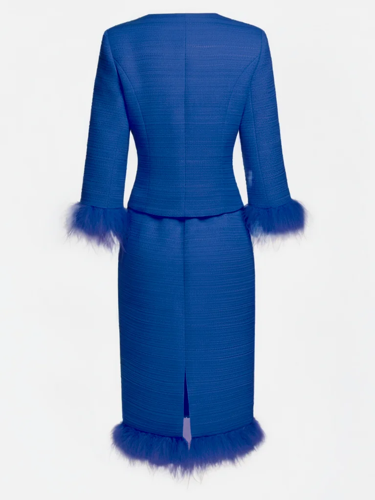 Women Tweed Blue Feather-trimmed Buckle Crew Neck Three Quarter Sleeve Dressy Coat With Skirt Two-Piece Set