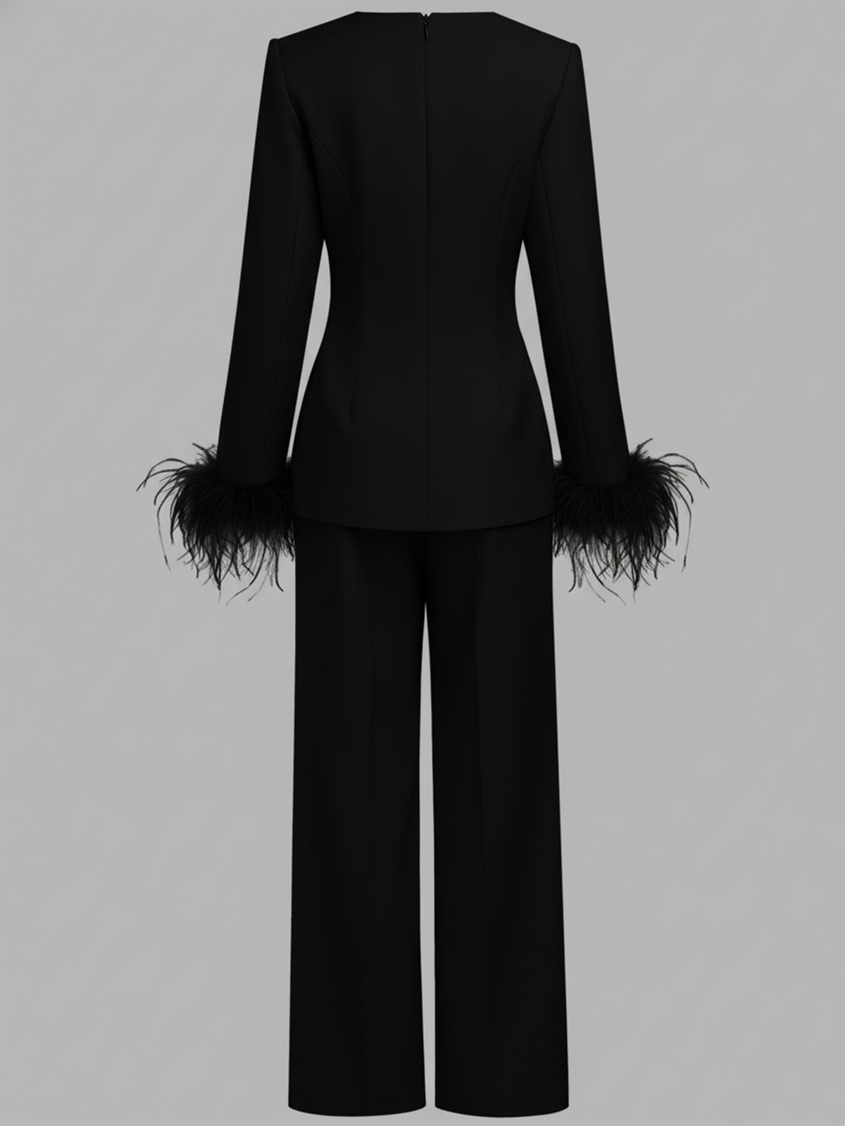 Women Black Feather-trimmed Crew Neck Long Sleeve Dressy Top With Pants Two-Piece Set