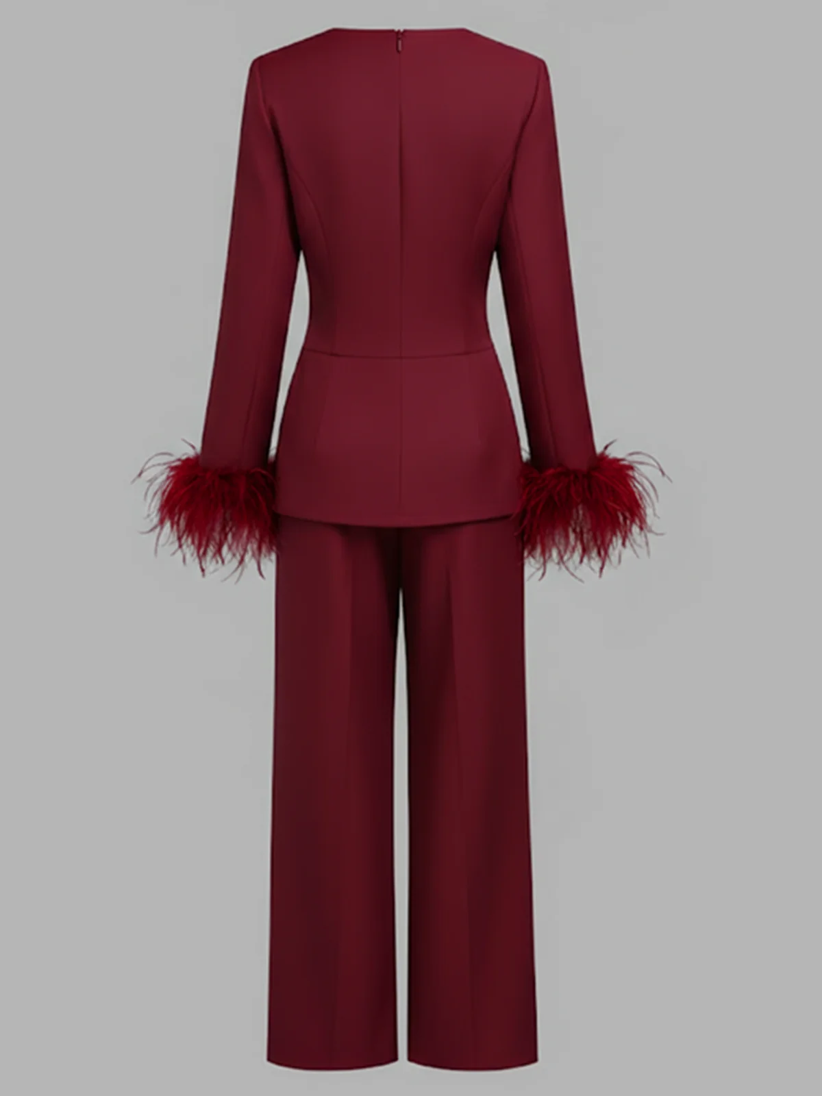 Women Burgundy Buckle Feather-trimmed Crew Neck Long Sleeve Dressy Top With Pants Two-Piece Set