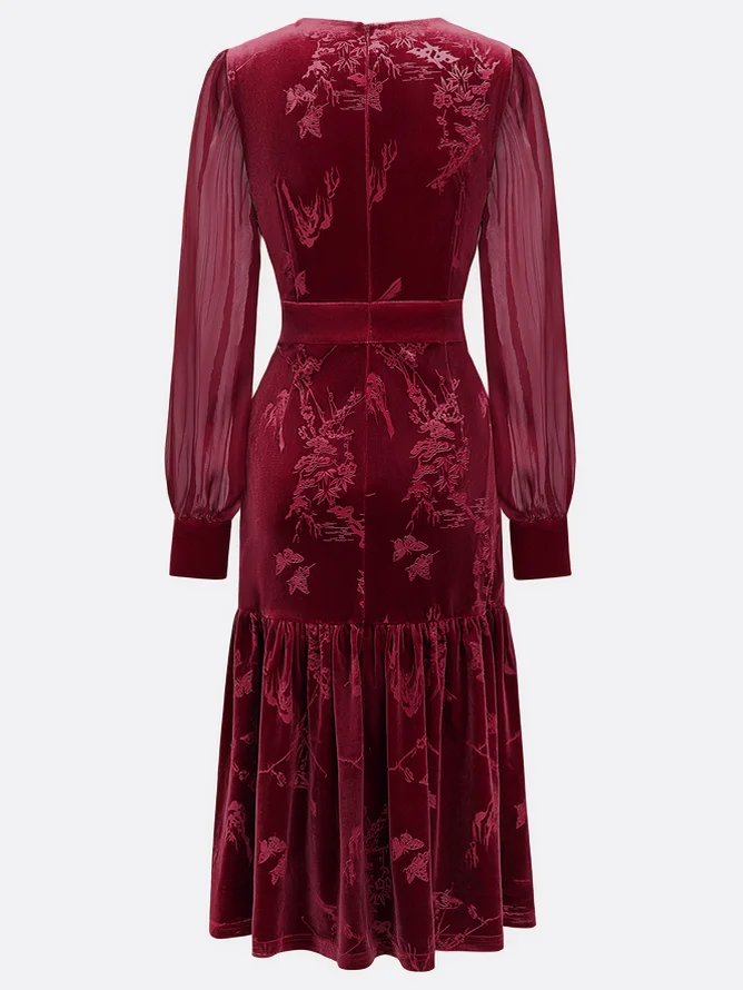 Wine Red Mesh Velvet Crew Neck Long Sleeve Balloon Sleeve Mermaid Midi Dress