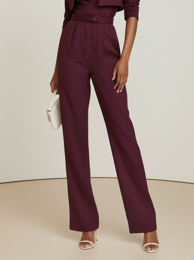 Women Burgundy Woolen Lapel Collar Long Sleeve Dressy Coat With Romper Two-Piece Set