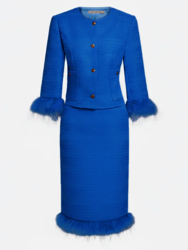 Women Tweed Blue Feather-trimmed Buckle Crew Neck Three Quarter Sleeve Dressy Coat With Skirt Two-Piece Set