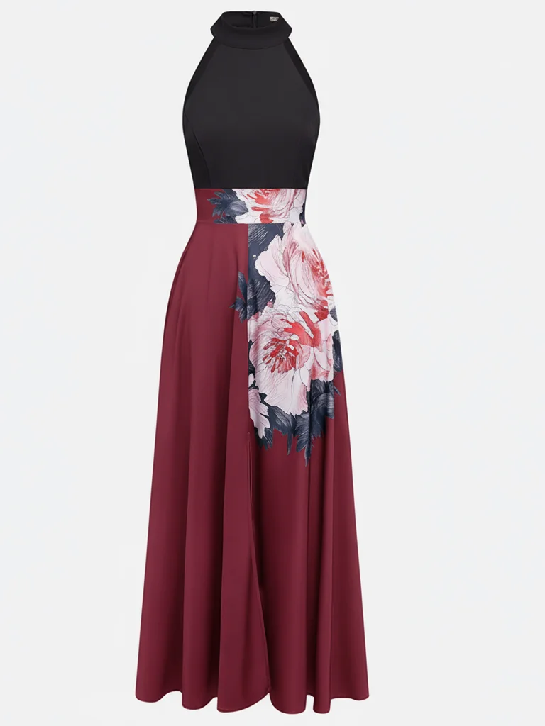 Black Slit Floral Satin Halter Sleeveless A-Line Maxi Dress With Pockets