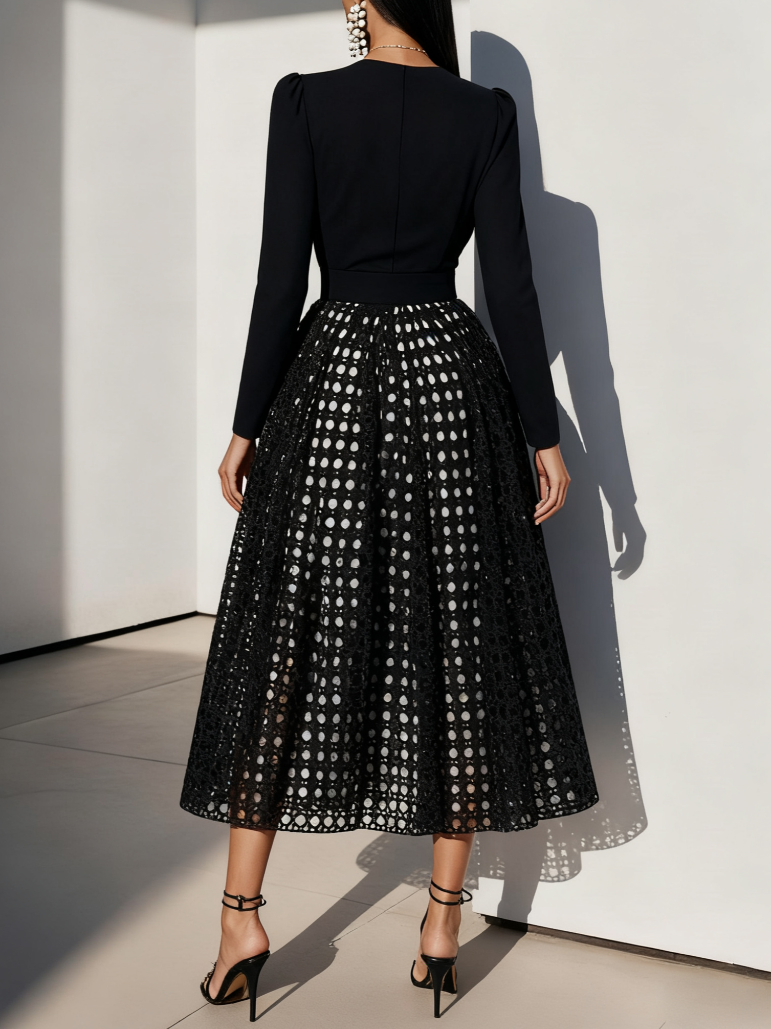 Black Fishnet Classic V Neck Long Sleeve A-Line Midi Dress