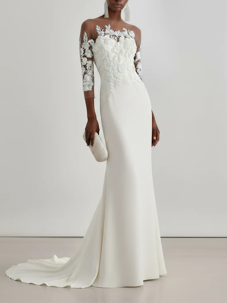 White Elegant Satin Lace Plain Three Quarter Sleeve Gown Wedding Dress 