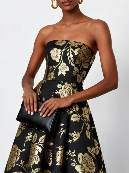 Black Gold Stamped Bronzing Floral Classic Strapless Sleeveless A-Line Midi Dress