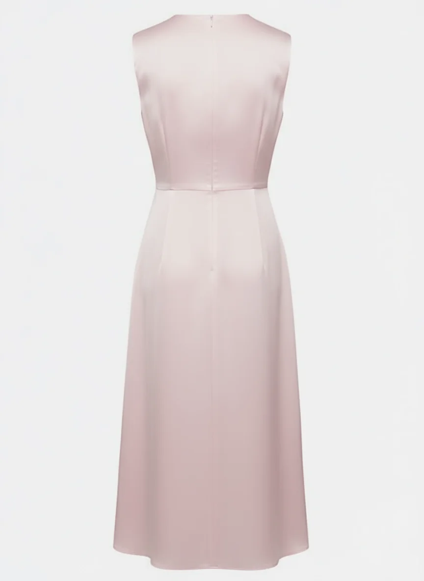 Pink Satin Mock Neck Sleeveless A-Line Midi Dress