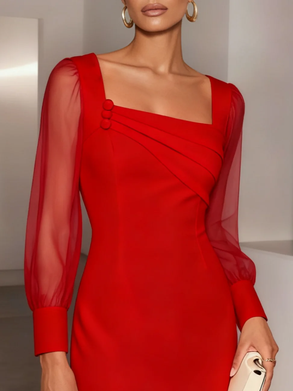 Red Mesh Buckle Classic Square Neck Long Sleeve Balloon Sleeve Sheath Midi Dress