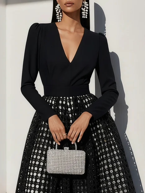 Black Fishnet Classic V Neck Long Sleeve A-Line Midi Dress