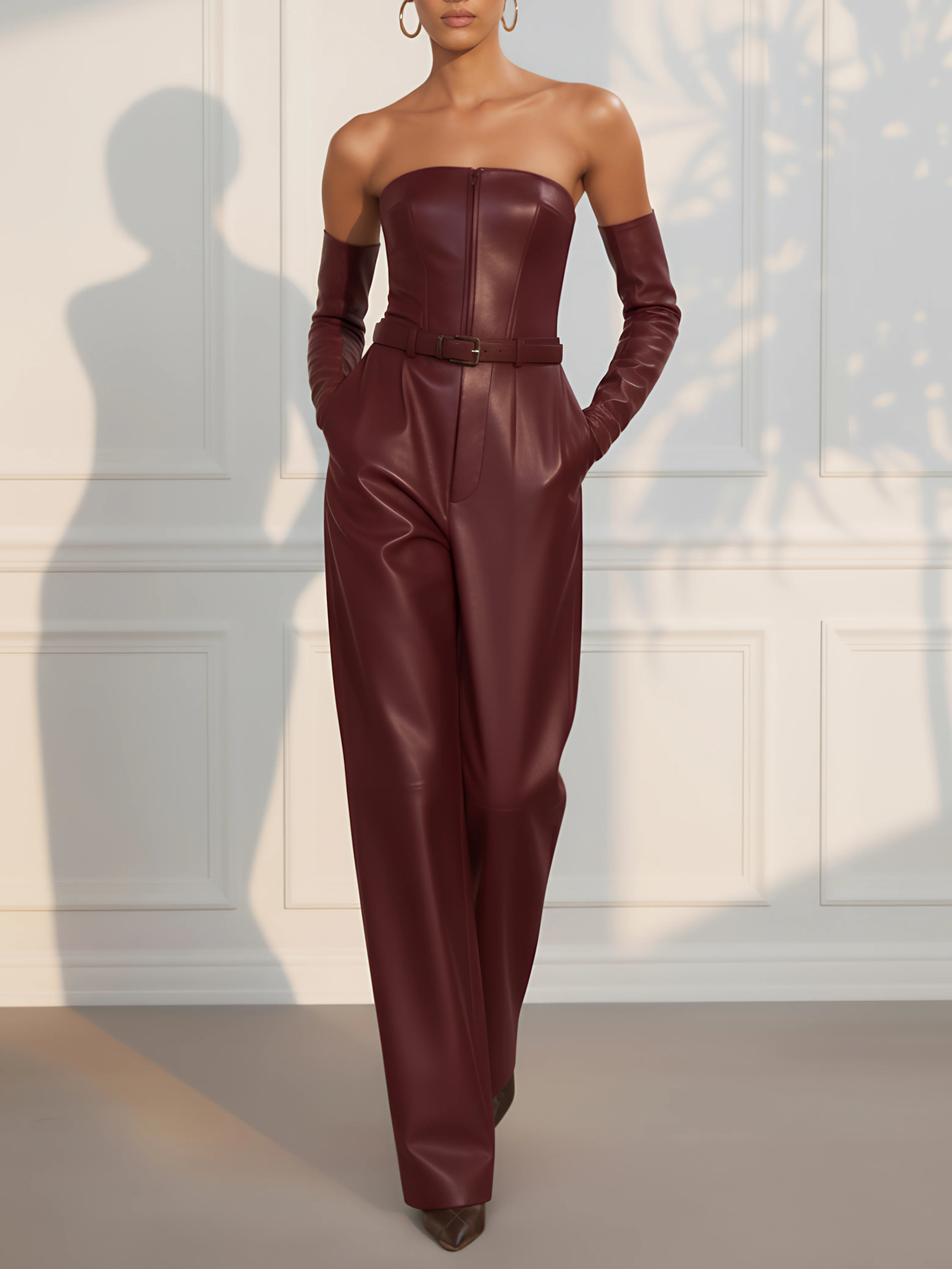 Women Burgundy Faux Leather Pocket Stitching Strapless Sleeveless Modern Jumpsuit