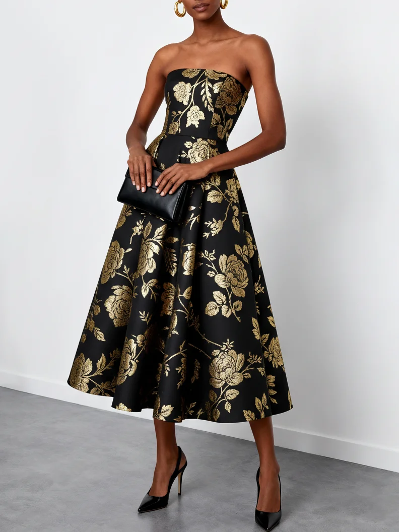 Black Gold Stamped Bronzing Floral Classic Strapless Sleeveless A-Line Midi Dress