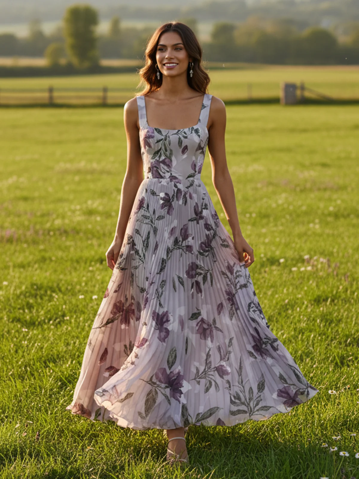 Purple Pleated Floral Chiffon Square Neck Sleeveless A-Line Maxi Dress