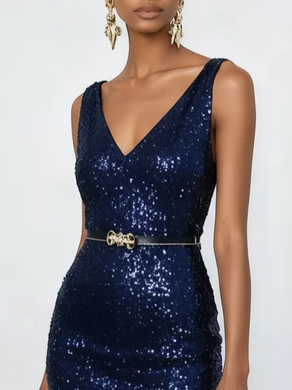 Navy Blue Ombre Sequin V Neck Sleeveless Sheath Midi Dress