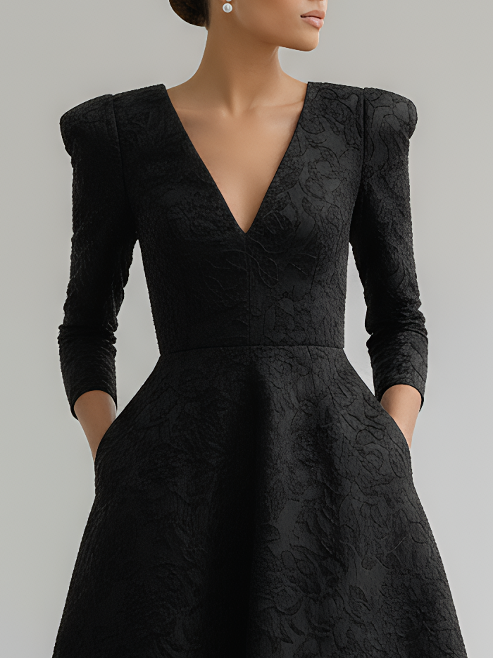 Black Jacquard Classic Notched Long Gigot Sleeve A-Line Maxi Dress