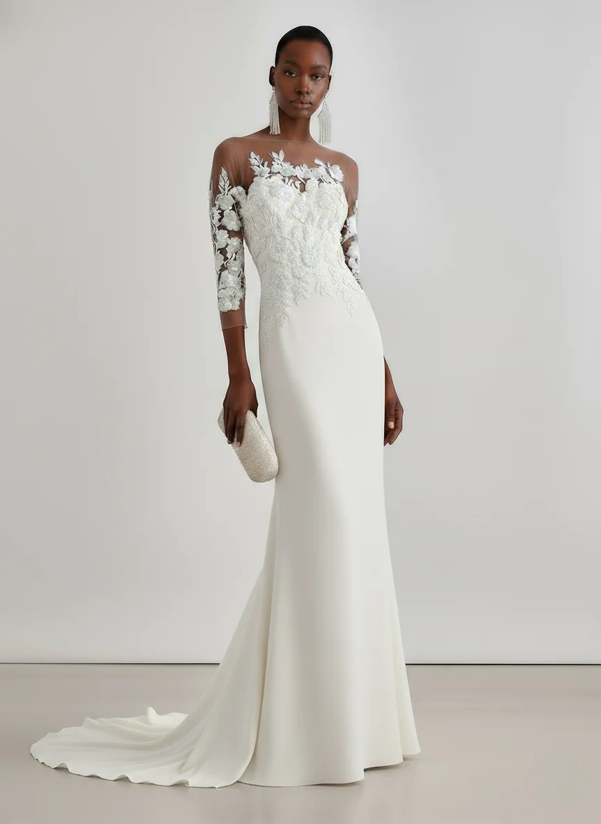 White Elegant Satin Lace Plain Three Quarter Sleeve Gown Wedding Dress 