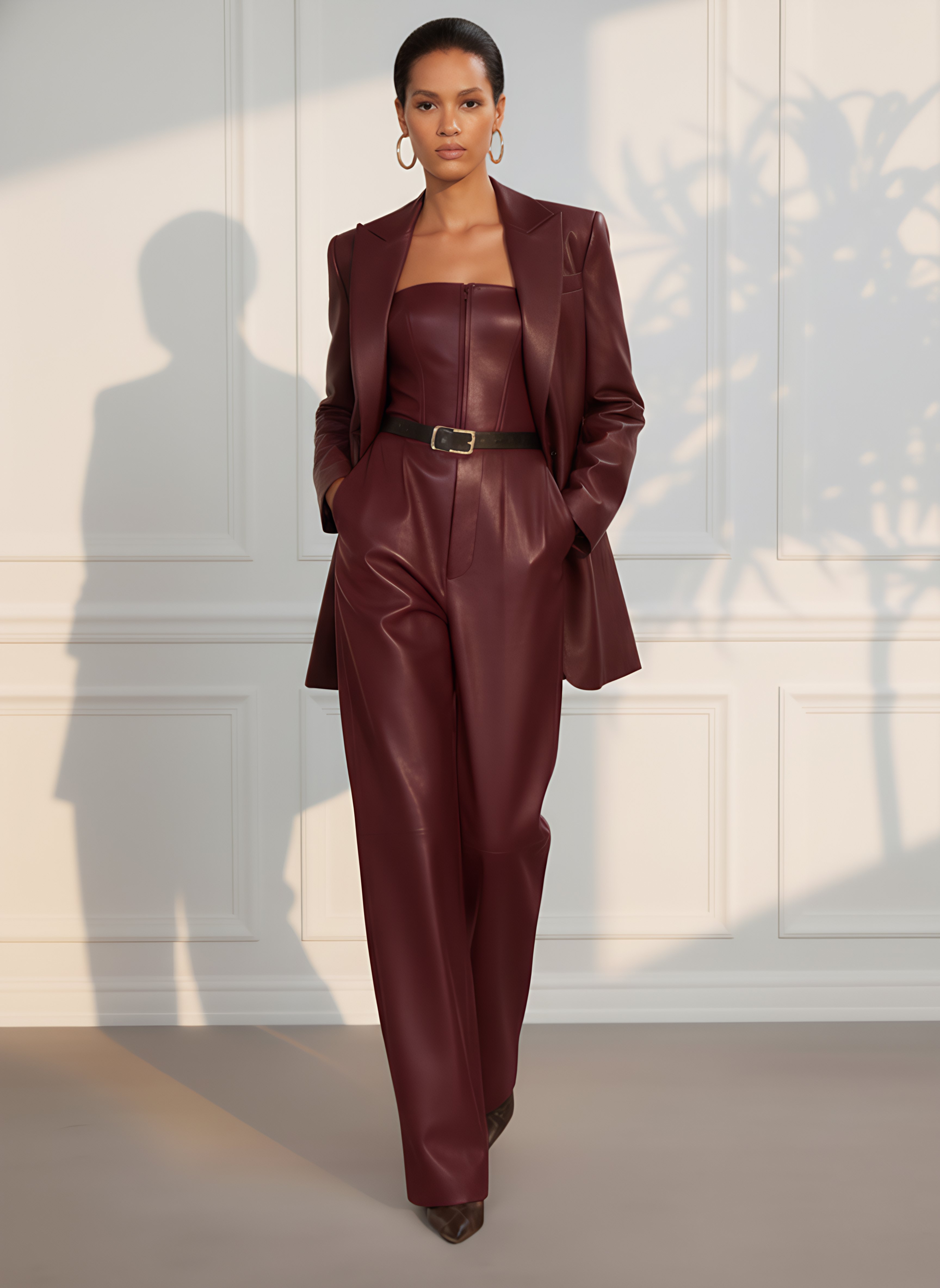 Women Burgundy Faux Leather Pocket Stitching Strapless Sleeveless Modern Jumpsuit