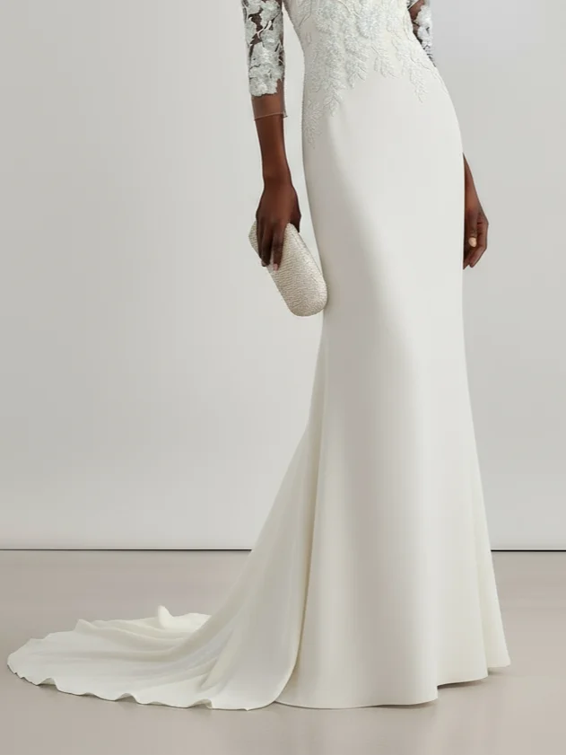 White Elegant Satin Lace Plain Three Quarter Sleeve Gown Wedding Dress 